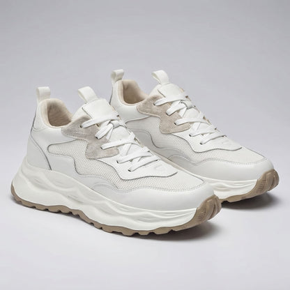 FORCIANO BELLUNO beige white height increasing sneakers with premium leather upper, shown as a pair from a front three-quarter angle.