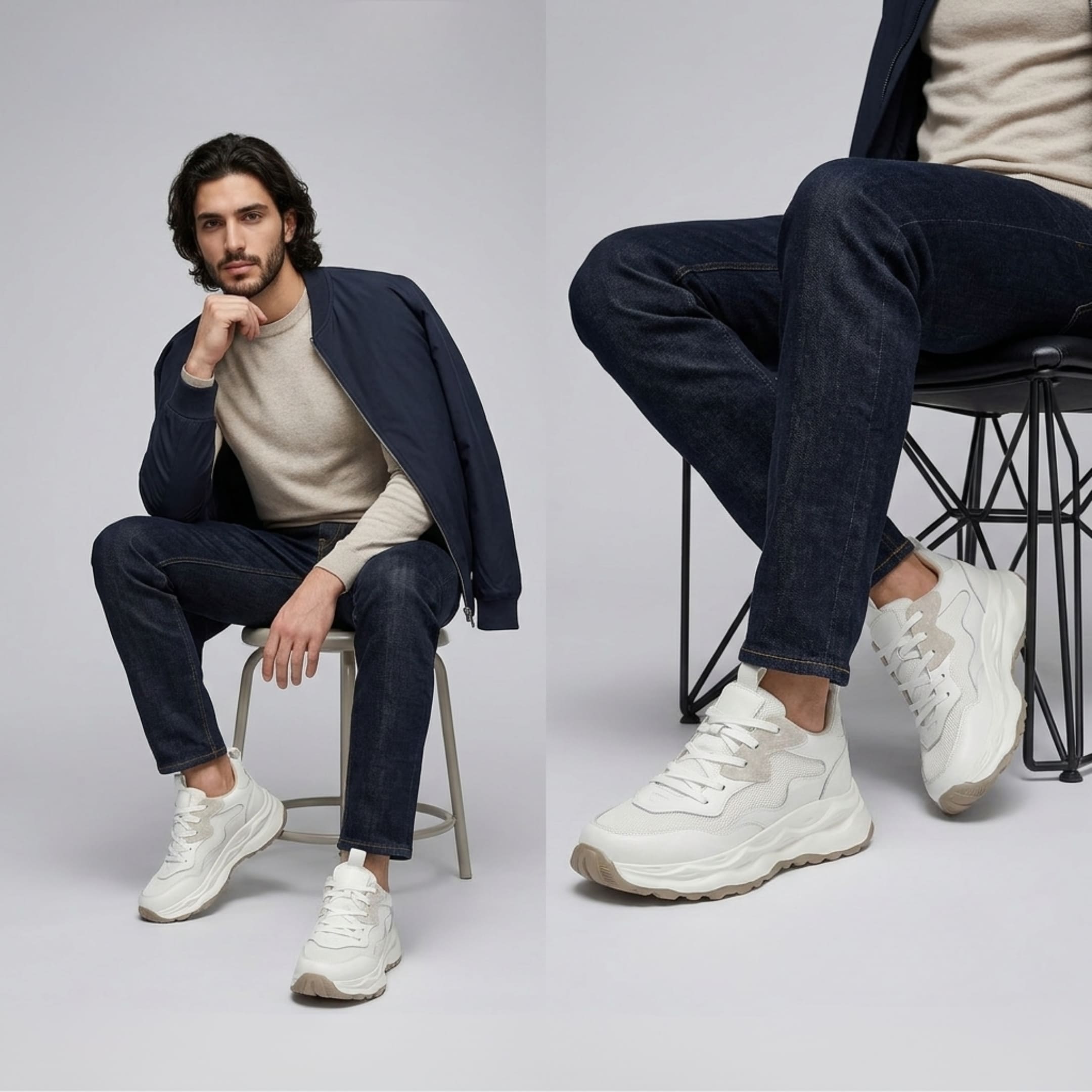 FORCIANO BELLUNO beige white men's height increasing shoes with premium leather upper, worn by a seated model in a casual lifestyle setting.
