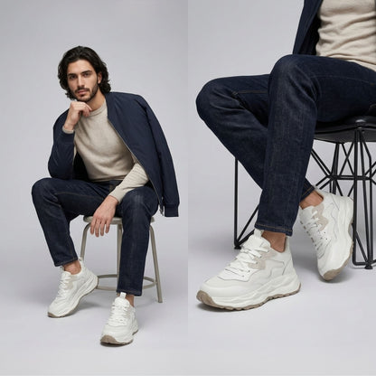 FORCIANO BELLUNO beige white men's height increasing shoes with premium leather upper, worn by a seated model in a casual lifestyle setting.