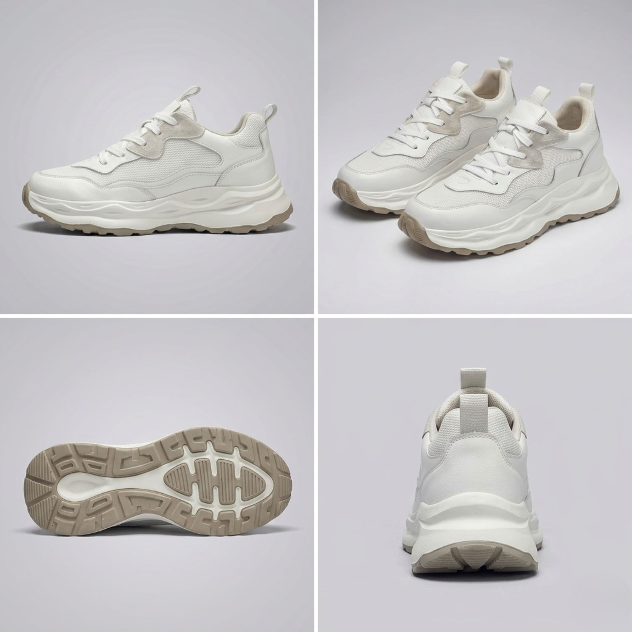 FORCIANO BELLUNO beige white height increasing sneakers shown in a four-panel multi-view with side, pair, outsole and rear views.