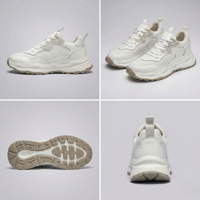 FORCIANO BELLUNO beige white height increasing sneakers shown in a four-panel multi-view with side, pair, outsole and rear views.