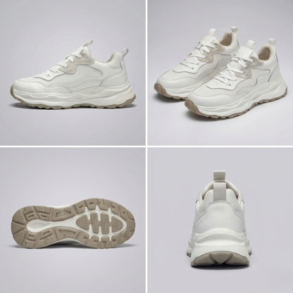 FORCIANO BELLUNO beige white height increasing sneakers shown in a four-panel multi-view with side, pair, outsole and rear views.