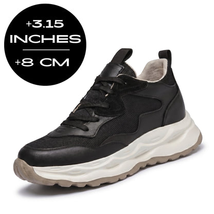 FORCIANO BELLUNO black height increasing sneakers with premium leather upper, front three-quarter view displaying the 8 cm / 3.15" height graphic.