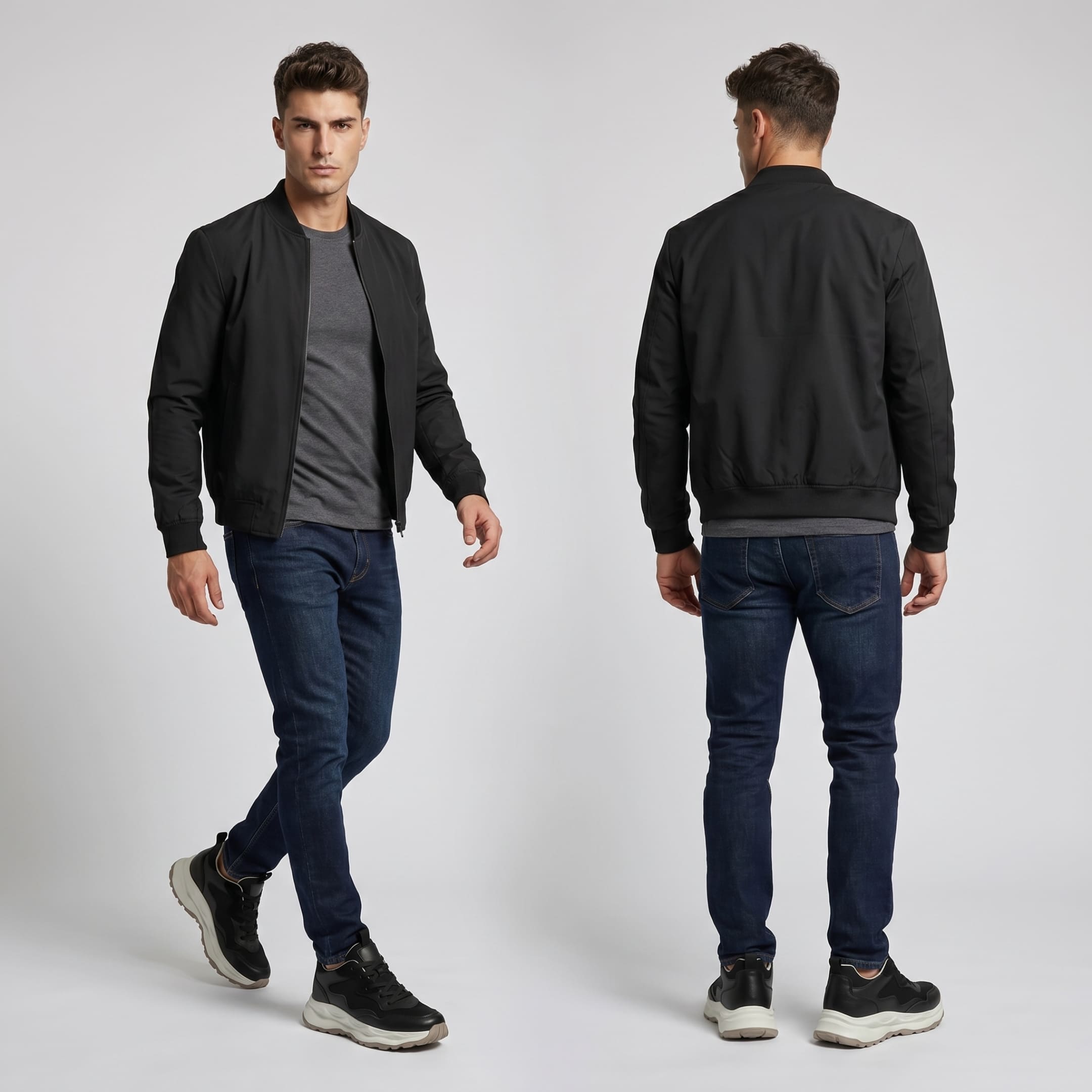 FORCIANO BELLUNO black height increasing sneakers with premium leather upper, worn by a model in front and rear lifestyle views.