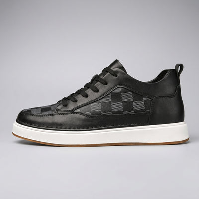 FORCIANO BELMONTE black leather Height Increasing Sneaker shown from the side profile with dark checkered panels, black laces and a white sole.