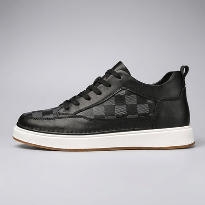 FORCIANO BELMONTE black leather Height Increasing Sneaker shown from the side profile with dark checkered panels, black laces and a white sole.