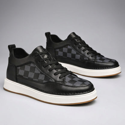 FORCIANO BELMONTE black Height Increasing Sneakers with leather uppers and dark checkered panels, displayed as a pair from a front three-quarter angle.