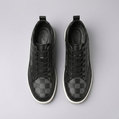 FORCIANO BELMONTE black leather Height Increasing Sneakers shown as a pair from the top view with black laces and dark checkered toe panels.