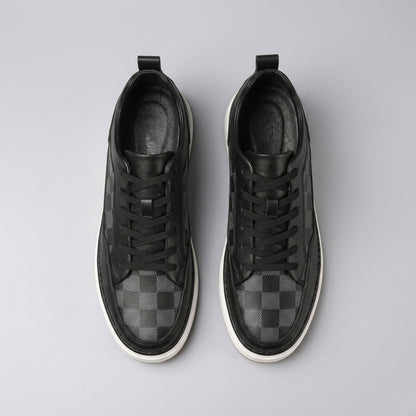 FORCIANO BELMONTE black leather Height Increasing Sneakers shown as a pair from the top view with black laces and dark checkered toe panels.