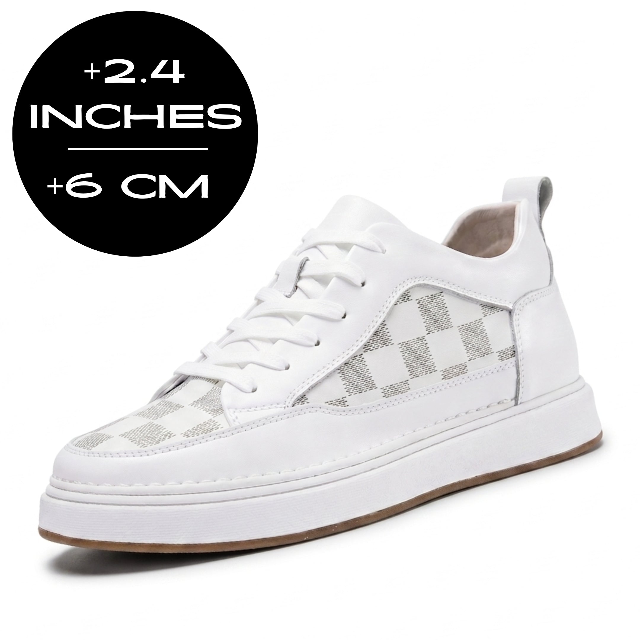 FORCIANO BELMONTE white leather Height Increasing Sneakers shown as shoes that add height, with a 6 cm / 2.4 inches graphic at a front three-quarter angle.