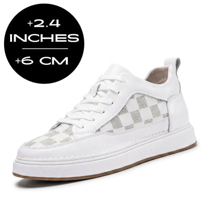 FORCIANO BELMONTE white leather Height Increasing Sneakers shown as shoes that add height, with a 6 cm / 2.4 inches graphic at a front three-quarter angle.