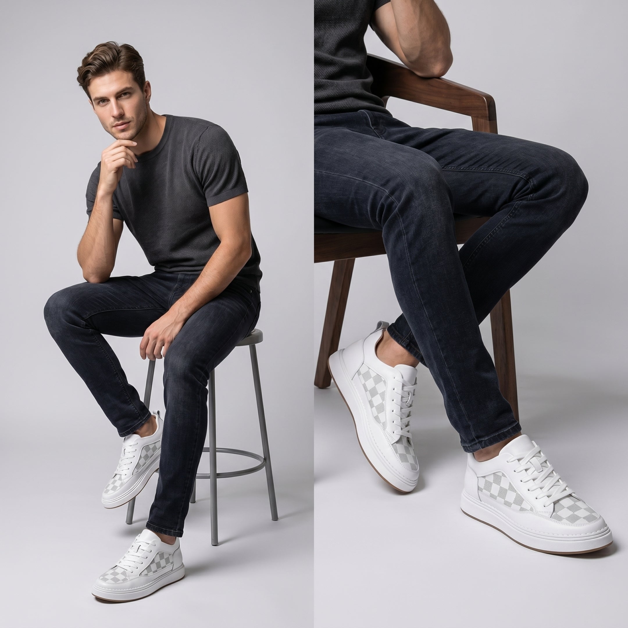 FORCIANO BELMONTE white Height Increasing Sneakers with leather uppers and gray checkered panels, worn by a seated male model in two lifestyle views.