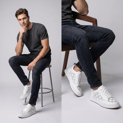 FORCIANO BELMONTE white Height Increasing Sneakers with leather uppers and gray checkered panels, worn by a seated male model in two lifestyle views.