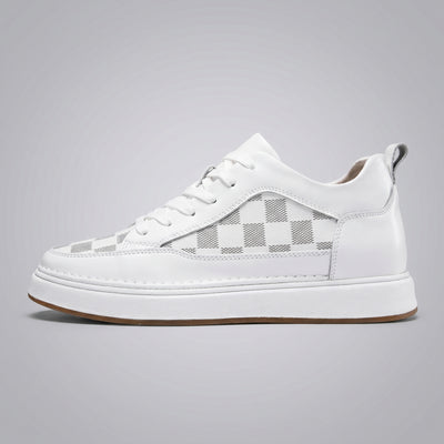 FORCIANO BELMONTE white leather Height Increasing Sneaker shown in a clean side profile with gray checkered panels and a white sole.