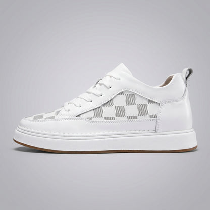 FORCIANO BELMONTE white leather Height Increasing Sneaker shown in a clean side profile with gray checkered panels and a white sole.