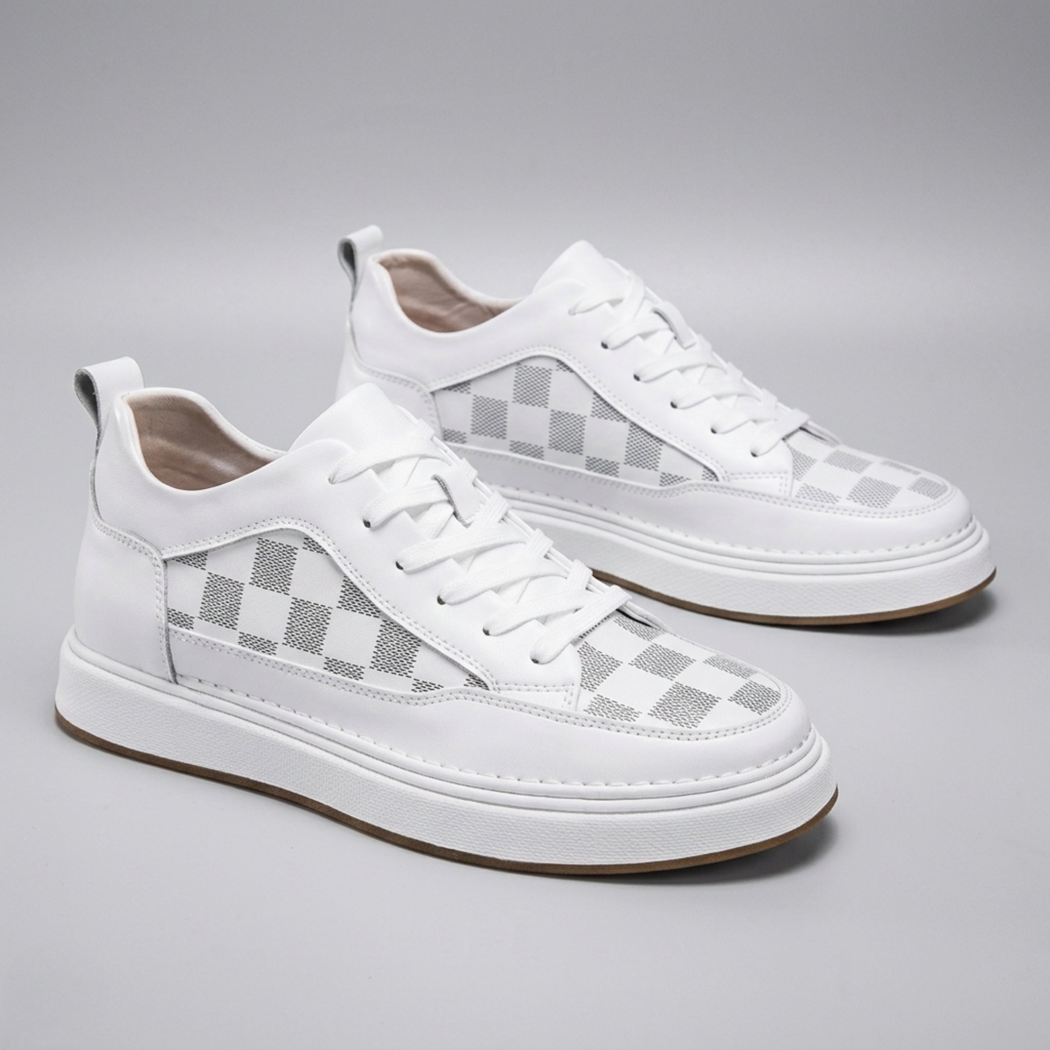 FORCIANO BELMONTE white Height Increasing Sneakers with leather uppers and gray checkered panels, shown as a pair from a front three-quarter angle.