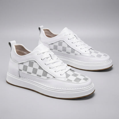 FORCIANO BELMONTE white Height Increasing Sneakers with leather uppers and gray checkered panels, shown as a pair from a front three-quarter angle.