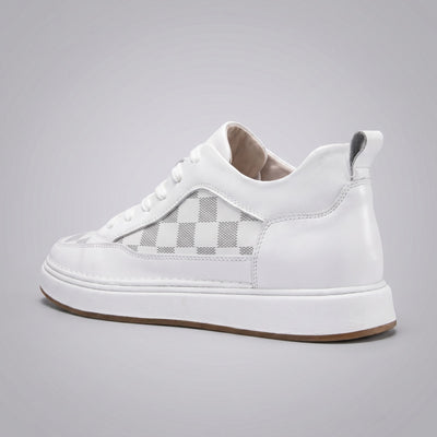 FORCIANO BELMONTE white leather Height Increasing Sneakers with a gray checkered side panel, shown from a rear three-quarter angle with the heel pull tab and white sole visible.