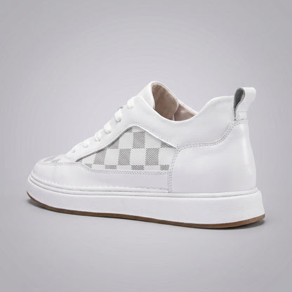 FORCIANO BELMONTE white leather Height Increasing Sneakers with a gray checkered side panel, shown from a rear three-quarter angle with the heel pull tab and white sole visible.