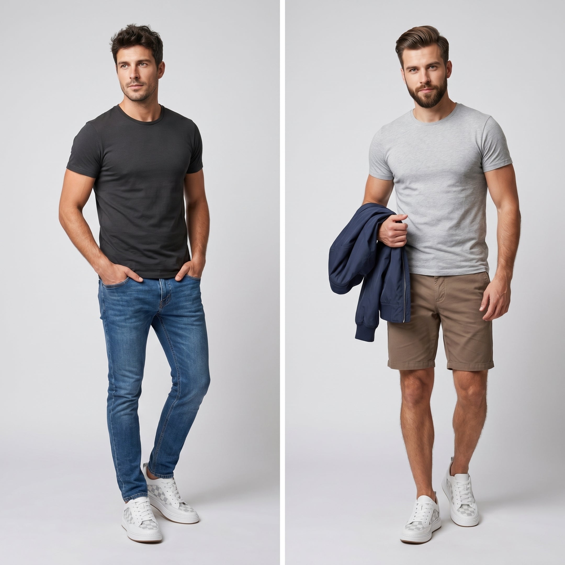 FORCIANO BELMONTE white leather Height Increasing Sneakers with gray checkered panels, worn by two male models in casual full-body lifestyle views.