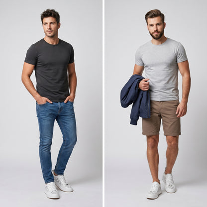 FORCIANO BELMONTE white leather Height Increasing Sneakers with gray checkered panels, worn by two male models in casual full-body lifestyle views.