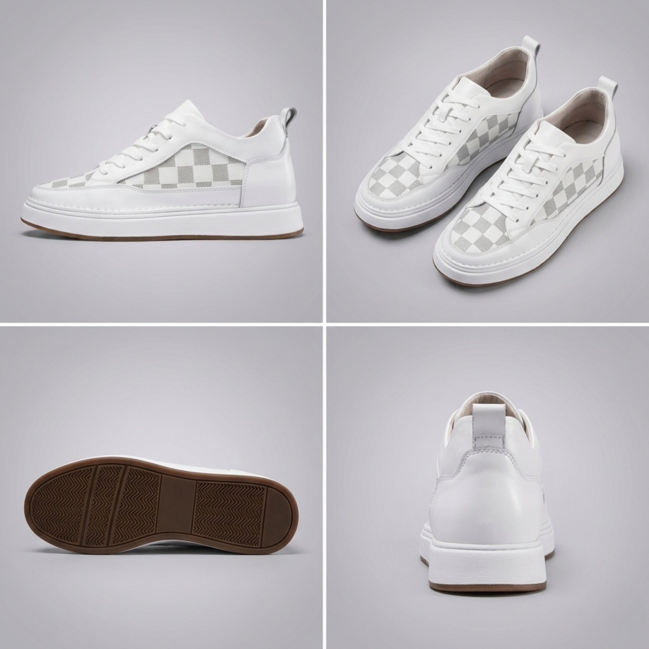 FORCIANO BELMONTE white leather Height Increasing Sneakers in a four-view collage showing side profile, angled pair, brown outsole and rear view with checkered panels.