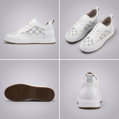 FORCIANO BELMONTE white leather Height Increasing Sneakers in a four-view collage showing side profile, angled pair, brown outsole and rear view with checkered panels.