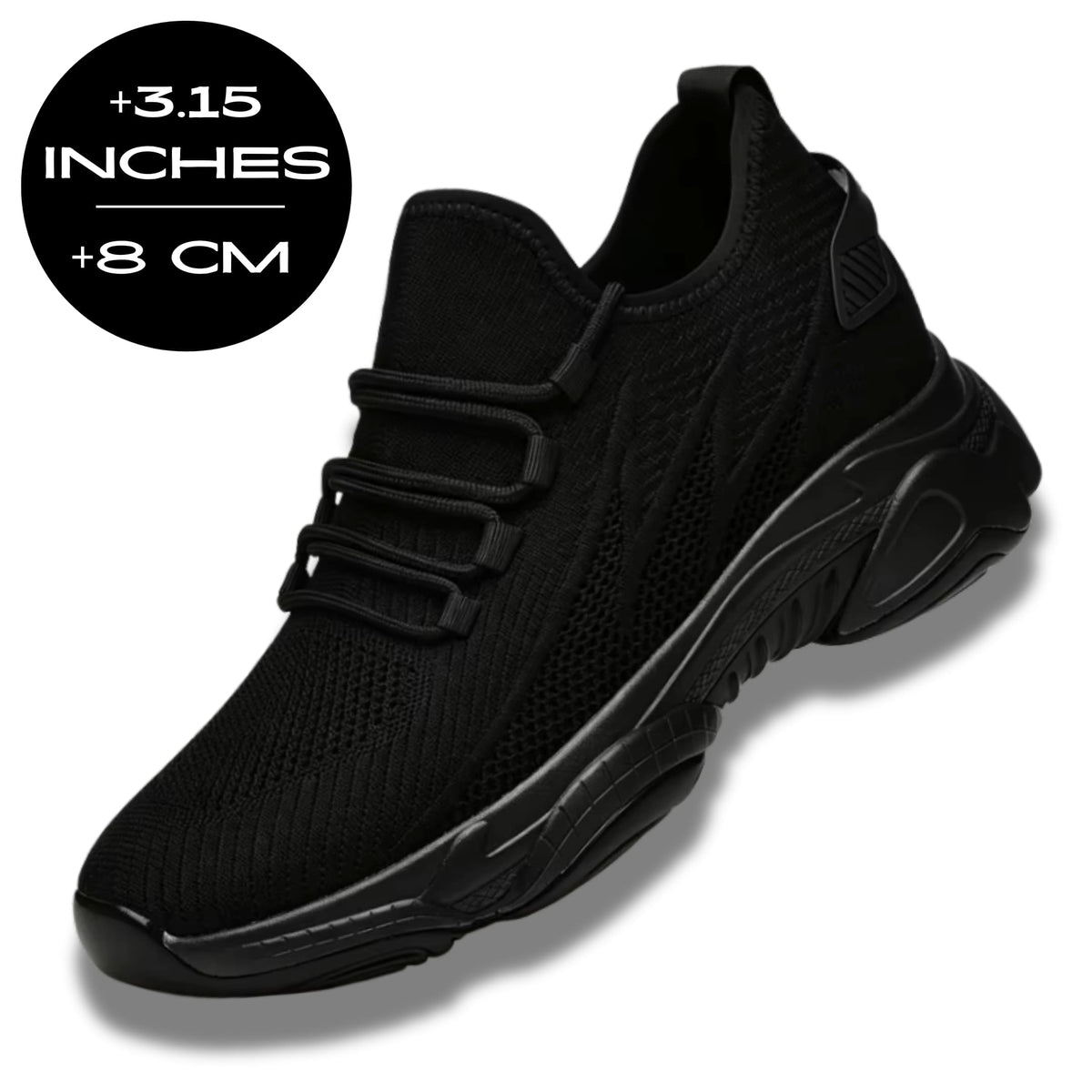 FORCIANO BLACKOUT Height Increasing Sneakers in black shown at a front three-quarter angle with an 8 cm / 3.15-inch height increase graphic.