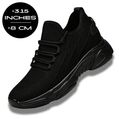 FORCIANO BLACKOUT Height Increasing Sneakers in black shown at a front three-quarter angle with an 8 cm / 3.15-inch height increase graphic.