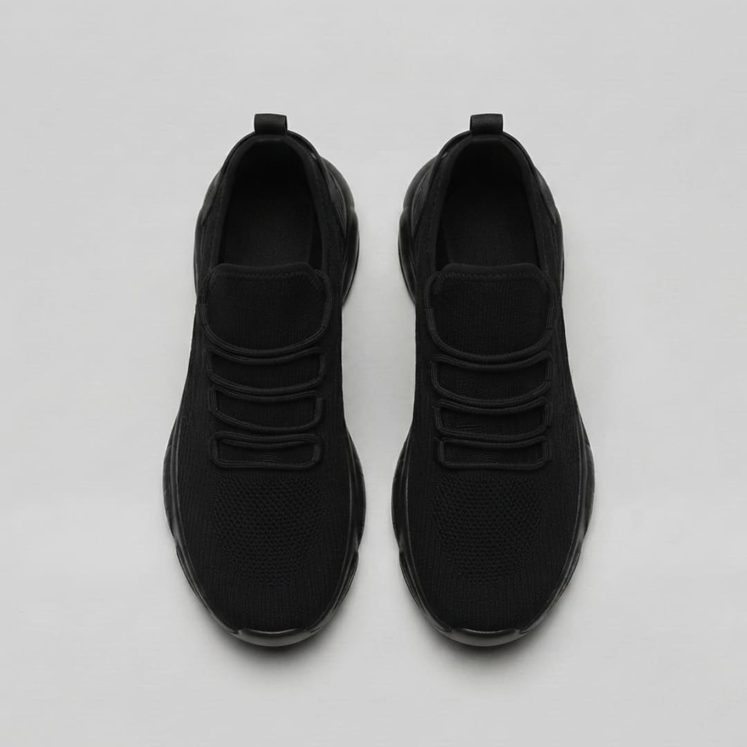 FORCIANO BLACKOUT Height Increasing Sneakers in black shown as a pair from the top view.