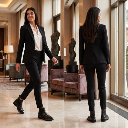 FORCIANO BRIXTON black women's elevator boots with premium leather uppers worn in front and rear formal lifestyle views.