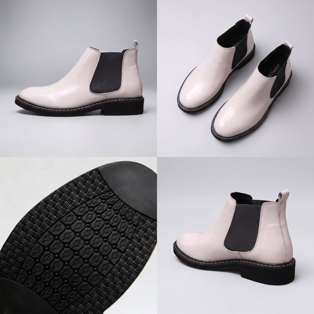 FORCIANO BRIXTON white women's elevator boots in a multi-view collage showing side profile, pair view, outsole detail and rear angle with premium leather uppers.