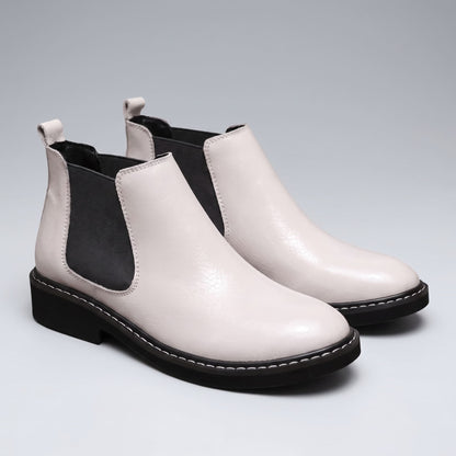 FORCIANO BRIXTON white women's Chelsea boots shown as a pair from the front three-quarter angle with premium leather uppers and black elastic side panels.