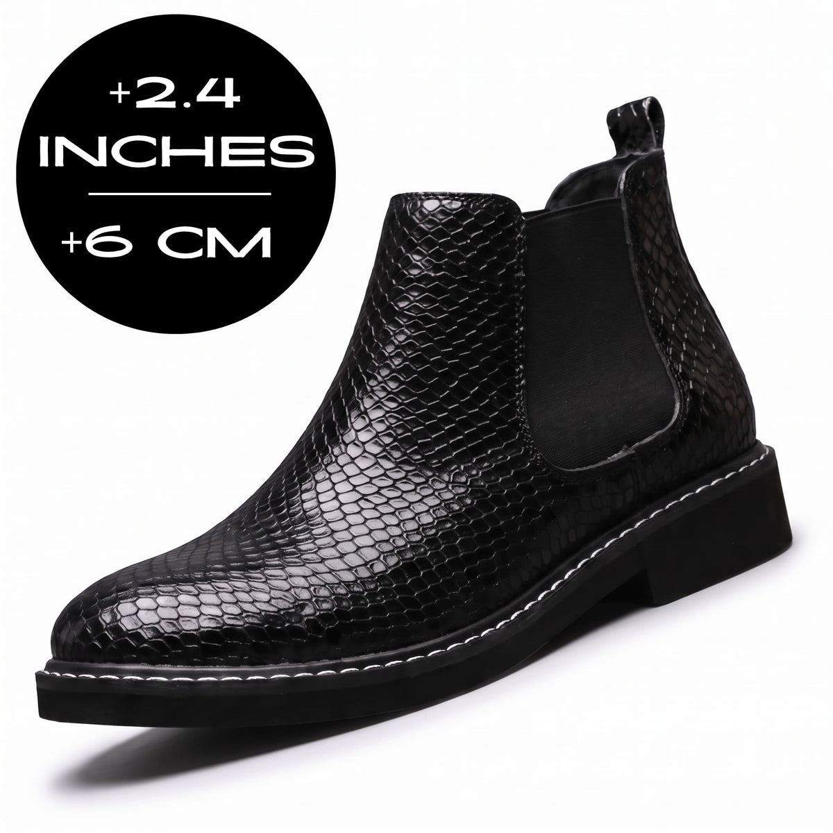 Black FORCIANO BRIXTON Women's Elevator Boots featuring a textured finish, elastic side panel, and front three-quarter view with a 2.4" / 6 cm height increase.