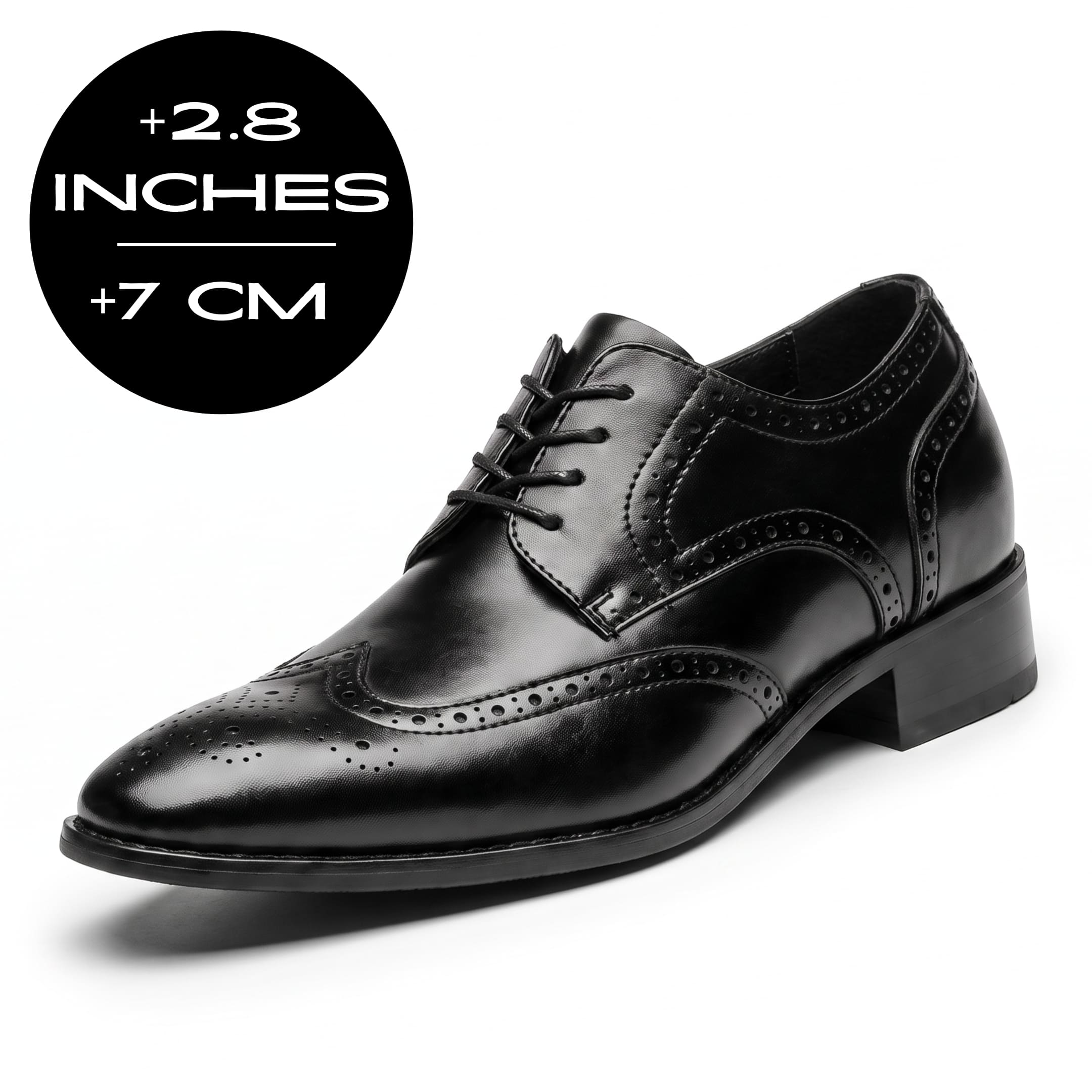 FORCIANO BROGUE black premium leather elevator dress shoe in front three-quarter view with visible 7 cm / 2.8" height increase graphic.