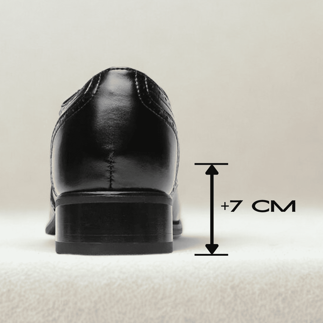 FORCIANO BROGUE black premium leather elevator dress shoe shown from the rear with a visible 7 cm height measurement graphic.