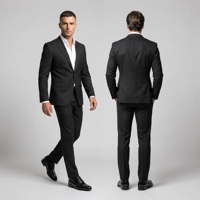 FORCIANO BROGUE black Men's Leather Dress Shoes with premium leather uppers shown worn with a pinstripe suit in front and rear formal lifestyle views.
