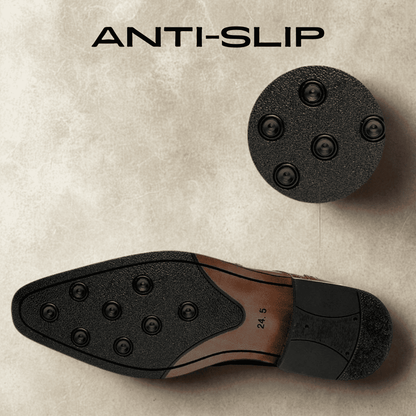FORCIANO BROGUE brown elevator dress shoe outsole detail showing the sole from below with the visible anti-slip feature graphic.