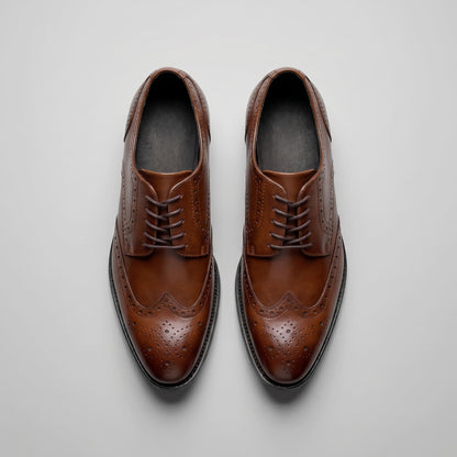 FORCIANO BROGUE brown premium leather elevator dress shoes shown as a pair from the top, highlighting laces and wingtip brogue detailing.