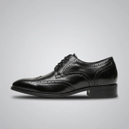 FORCIANO BROGUE black Men's Elevator Dress Shoes shown on a male model in front and rear formal views, featuring premium leather and wingtip detailing.