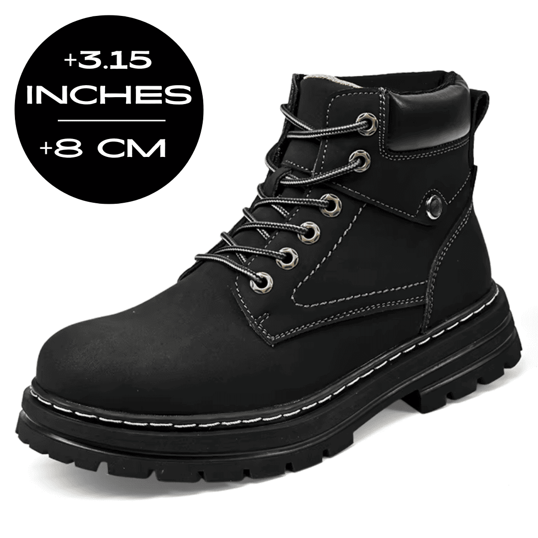 FORCIANO CALIBER black elevator boot with premium suede upper and 8 cm / 3.15" height graphic shown from a front three-quarter angle.