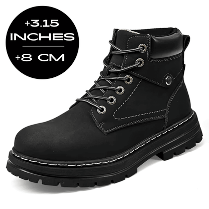 FORCIANO CALIBER black elevator boot with premium suede upper and 8 cm / 3.15" height graphic shown from a front three-quarter angle.