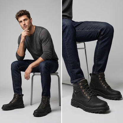 FORCIANO CALIBER black elevator boots with premium suede uppers worn by a seated male model in a casual lifestyle setting.