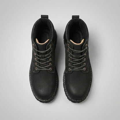 FORCIANO CALIBER black elevator boots with premium suede uppers shown as a pair from the top, highlighting the laces, collars and toe shape.
