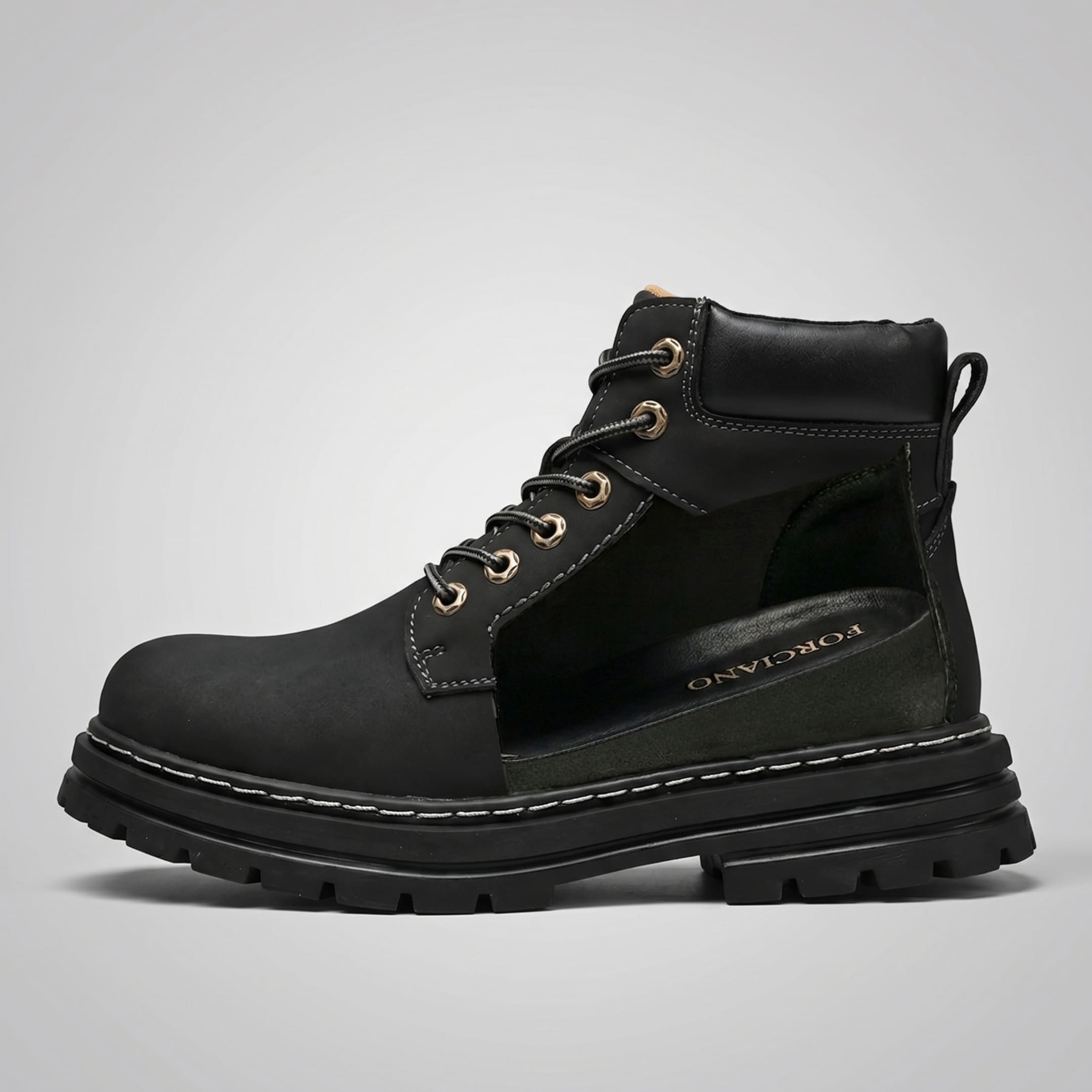 FORCIANO CALIBER black height increasing boots cutaway showing the internal lift structure, premium suede upper and elevated sole profile.