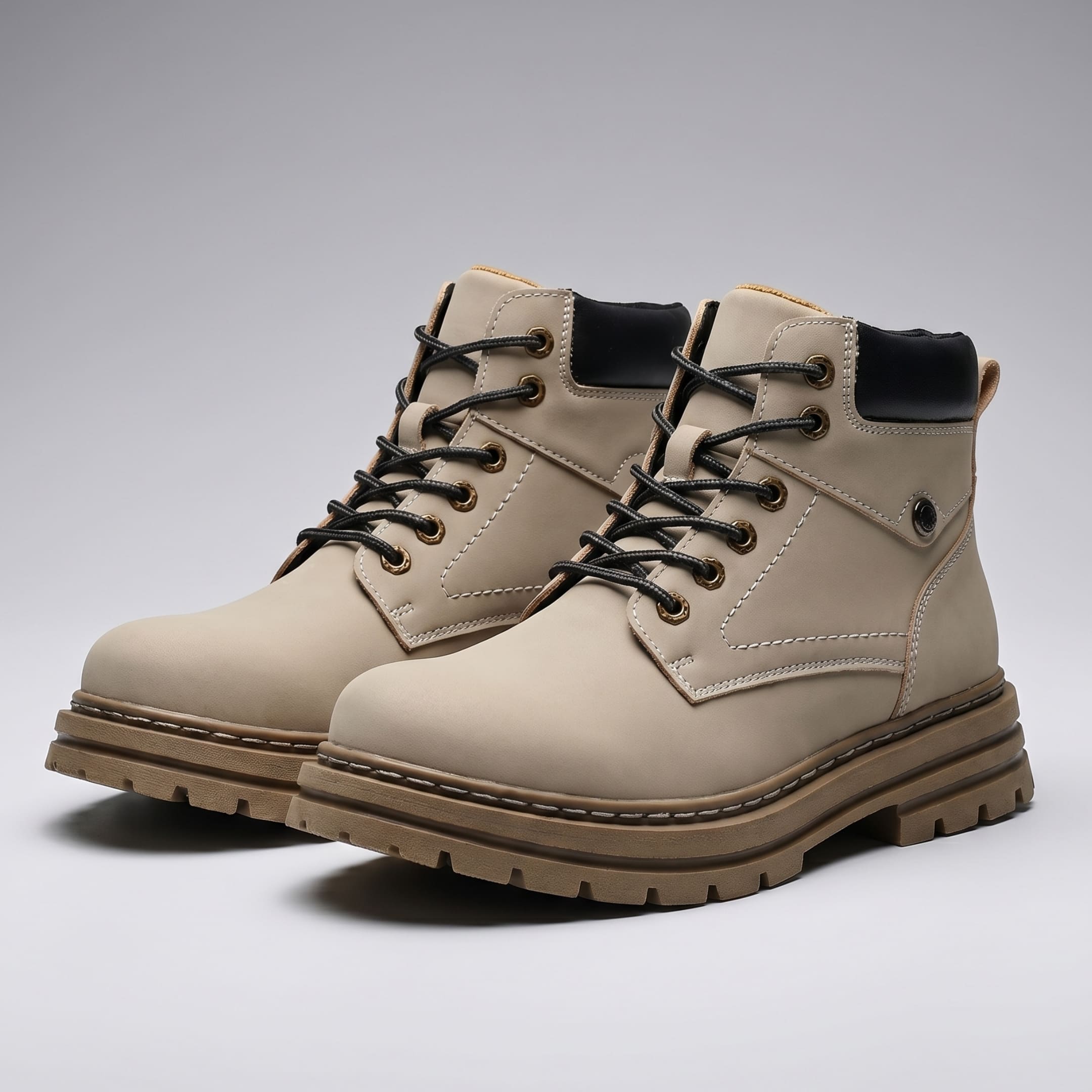 FORCIANO CALIBER grey elevator boots with premium suede uppers, black padded collars and lace-up fronts shown as a pair.