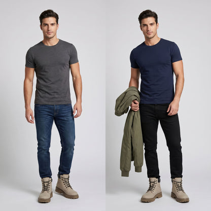 FORCIANO CALIBER grey height increasing boots with premium suede uppers worn by a male model in two casual outfit views.