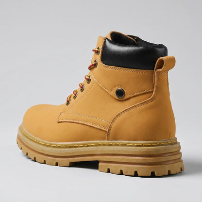 FORCIANO CALIBER light brown elevator boot with premium suede upper shown from the rear side, highlighting the padded collar and heel profile.