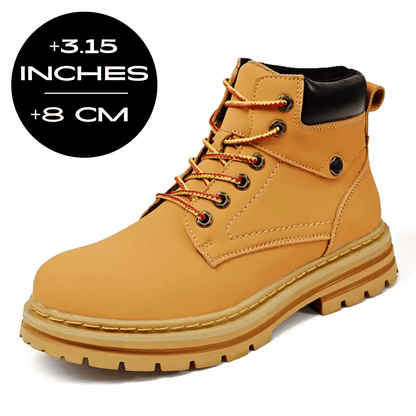 FORCIANO CALIBER light brown elevator boot with premium suede upper and 8 cm / 3.15" height graphic shown from a front three-quarter angle.