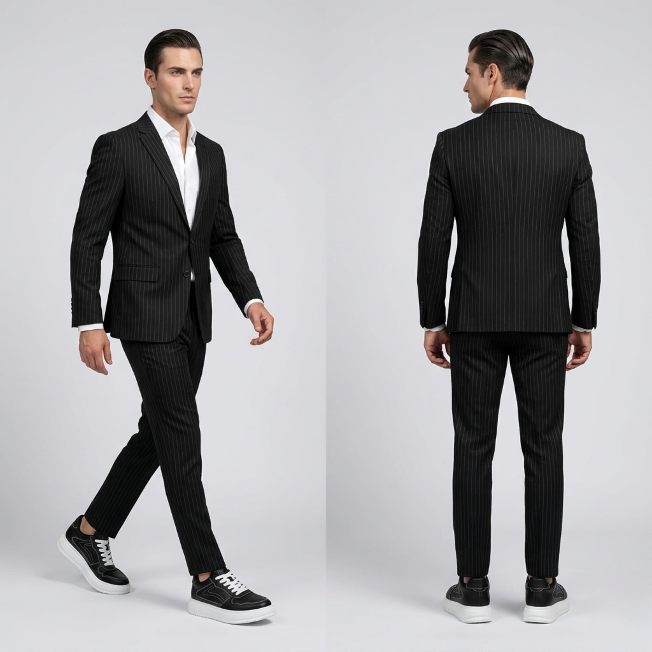 FORCIANO CALVERO black Height Increasing Sneakers with premium leather uppers shown worn with a black pinstripe suit in front and rear lifestyle views.